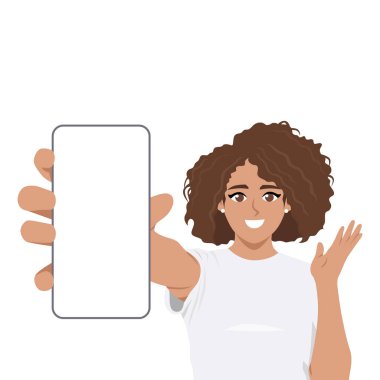 Boş Akıllı Telefon Ekranı Gösteren Kadın. Tablette yazan gülümseyen kadın. Düz vektör Karakteri Çizimi