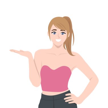 Gülümseyen Kadın El Hareketiyle Sunar. Düz vektör Karakteri Çizimi