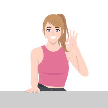 Gülümseyen Kadın Normal Pembe Giysiler Giyiyor. Düz vektör Karakteri Çizimi