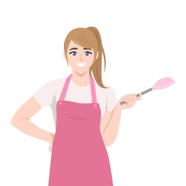 Yemek pişirmek için spatulayla önlük giyen genç bir ev hanımı. Düz vektör Karakteri Çizimi