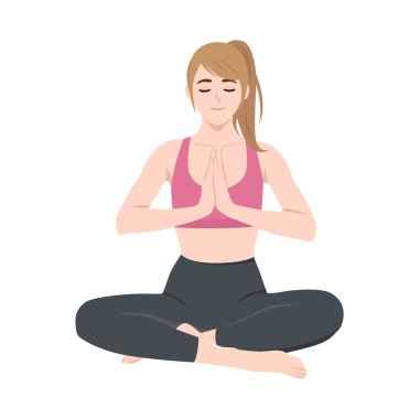 Yoga yapan kadın bacak bacak üstüne atmış meditasyon yapıyor. Düz vektör Karakteri Çizimi
