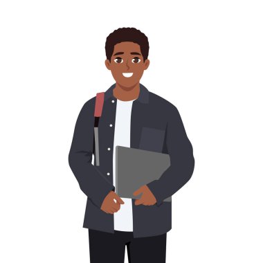 Öğrenci ceketini giyiyor, dizüstü bilgisayar ve sırt çantası taşıyor, güvenle gülümsüyor. Düz Vektör karakter çizimi