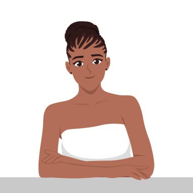 Kıvırcık saçlı bir kadın sakince oturur, beyaz bir havluya sarılır ve cilt bakımına hazırdır. Düz vektör Karakteri Çizimi