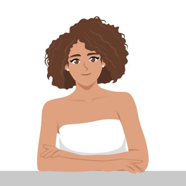 Kıvırcık saçlı kendine güvenen bir kadın sakince oturur, beyaz bir havluya sarılır ve cilt bakımına hazırdır. Düz vektör Karakteri Çizimi