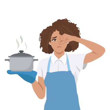 Yemek Felaketi. Kadının elinde mutfak kazasına ya da güçlü bir kokuya tepki veren dumanı tüten bir kap var. Düz vektör Karakteri Çizimi