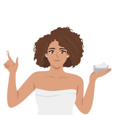 Havluya sarılmış bir kadın, elinde bir kavanoz krema ve parmağında bir parça ürün tutuyor. Düz vektör Karakteri Çizimi