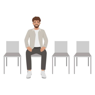 İş adamı bir sıra boş koltukta oturmuş sabırla ve gergin bir şekilde bekliyor gibi görünüyor. Düz vektör Karakteri Çizimi