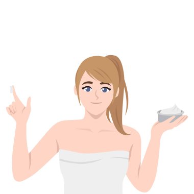 Havluya sarılmış bir kadın cilt bakımı rutini yapıyor. Düz vektör Karakteri Çizimi