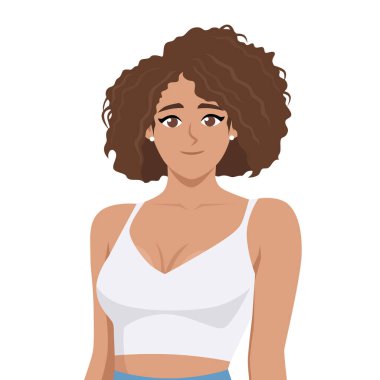 Kırpılmış bluz giyen bir kadın. Aktif giyimde kendine güvenen bir kadın. Düz vektör Karakteri Çizimi