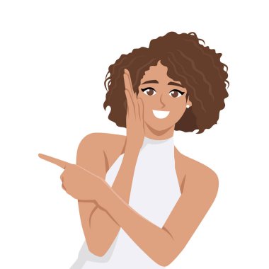 Bir heyecan ve dostluk jesti ile solunu gösteren bir kadın. Düz vektör Karakteri Çizimi