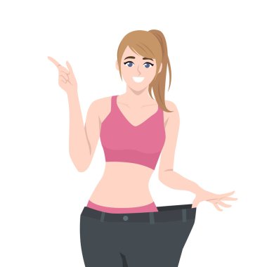 Kadın kilolu pantolonunu gösteriyor, kilo verme başarısını sembolize ediyor. Düz vektör Karakteri Çizimi