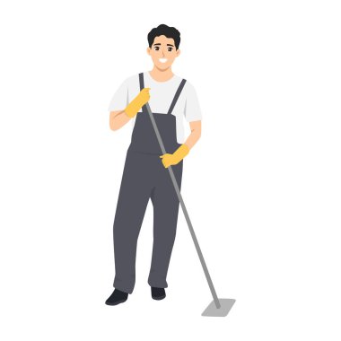 Cleaner wearing gloves and overalls is mopping the floor, clean and hygienic environment. Flat Vector character illustration clipart