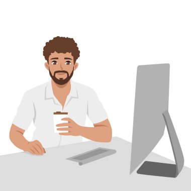 Masada bilgisayarla çalışan bir adam, rahatlamış ve odaklanmış görünürken elinde bir fincan kahve tutuyor. Düz Vektör karakter çizimi