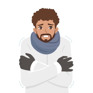 Soğuk havadaki bir adam titreyerek kollarını kavuşturur, soğuktan dolayı rahatsızlığını ifade eder. Düz Vektör karakter çizimi