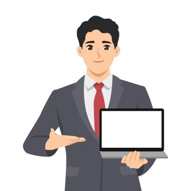 Takım elbiseli profesyonel bir işadamı laptopuna boş bir ekran sunuyor. Düz Vektör karakter çizimi