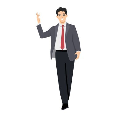 Takım elbise giymiş mutlu bir işadamı, gülümsüyor ve sanki dans veya selamlaşmanın ortasındaymış gibi hareket ediyor. Düz Vektör karakter çizimi