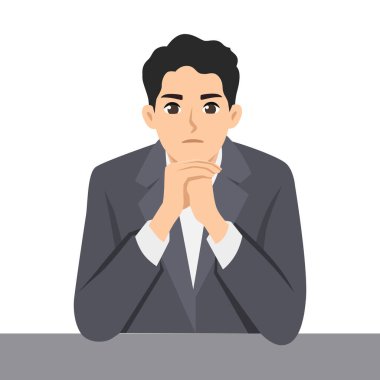 İş adamı ellerini sıkarak masada oturuyor, ciddi ve derin düşüncelere dalmış görünüyor. Düz Vektör karakter çizimi