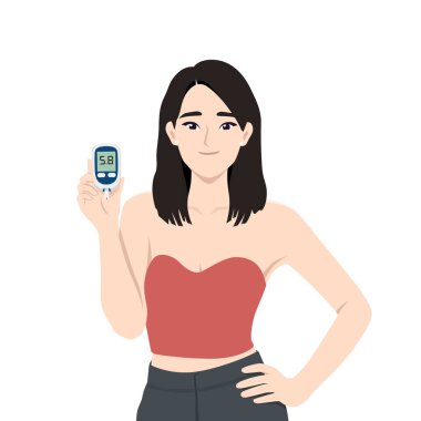 Woman Holding a glucose meter displaying a reading of 5.8, indicating a healthy blood sugar level. Flat vector character illustration clipart