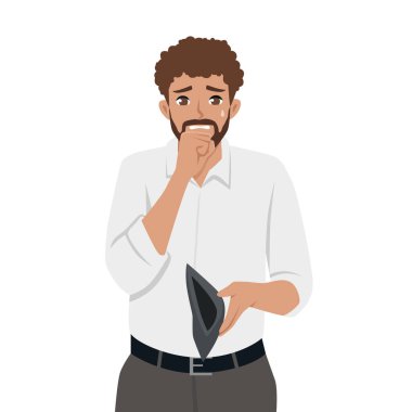 Endişeli adam endişeyle boş cüzdanına bakar, endişesini ve mali mücadelesini ifade eder. Düz Vektör karakter çizimi