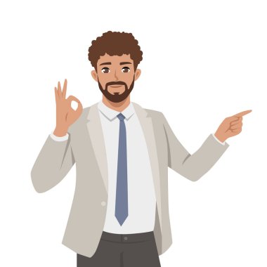 Profesyonel işadamı ileri doğru işaret ederken kendine güvenerek işaret eder. Düz Vektör karakter çizimi