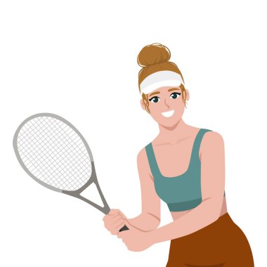 Tenis raketi olan kadın oynamaya hazır, sahada coşku ve güven gösteriyor. Düz Vektör karakter çizimi