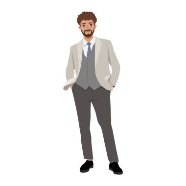 Açık gri takım elbiseli ve gözlüklü profesyonel bir adam sakince gülümserken kelepçelerini düzeltiyor. Düz Vektör karakter çizimi