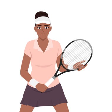 Tenis kıyafeti giymiş bir kadın raketini iki eliyle tutarak korta hazırlanıyor. Düz Vektör karakter çizimi
