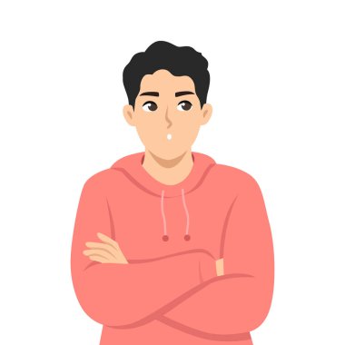 Çapraz kollu ve düşünceli bir ifadeyle duran bir adam muhtemelen kararsız ya da kötü bir ruh hali içinde. Düz Vektör karakter çizimi