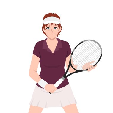Tenis kıyafeti giymiş kendine güvenen bir kadın raketini iki eliyle tutarak mahkemeye hazırlanıyor. Düz Vektör karakter çizimi