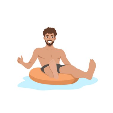 Mayo içinde metroda yüzen rahatlatıcı adam kırmızı şişme bir tüpte yüzmekten zevk alır. Düz Vektör karakter çizimi