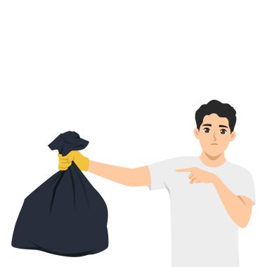 Yüzünde hoşnutsuzluk olan bir adam siyah bir çöp torbasını tek eliyle ona doğrulturken tutuyor. Düz Vektör karakter çizimi