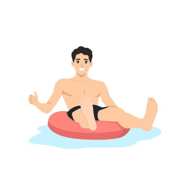 Metroda Yüzen Rahatlatıcı Adam. Mayo giyen adam kırmızı şişme tüpte yüzmekten hoşlanıyor. Düz Vektör karakter çizimi