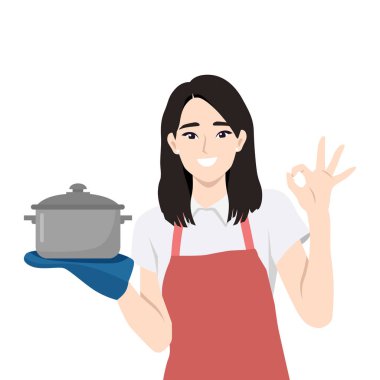 Mutlu Yemek Zamanı. İyi bir jest yaparken elinde fırın eldiveni olan bir kadın. Düz Vektör karakter çizimi