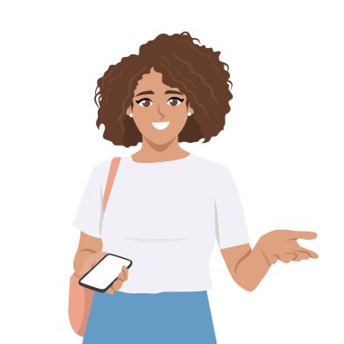 Kadın telefonunu tutuyor ve şakacı hareketler yapıyor. Hareket halindeyken keşfetmeye ya da bağlanmaya hazır. Düz Vektör karakter çizimi