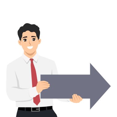 İşadamı elinde sağ tarafı gösteren büyük bir ok tutuyor, yönü ya da rehberi gösteriyor. Düz Vektör karakter çizimi