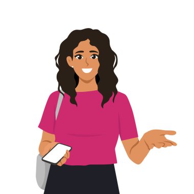 Kadın telefonu elinde tutuyor ve şakacı hareketler yapıyor. Hareket halindeyken keşfetmeye ya da bağlanmaya hazır. Düz Vektör karakter çizimi