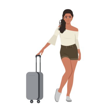 Kadın bavuluyla ayakta duruyor, omuz üstü ve kot şortuyla yolculuk ediyor. Düz Vektör karakter çizimi