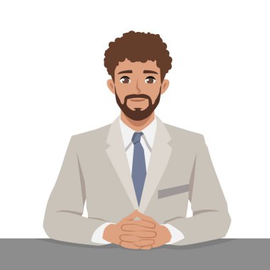 Takım elbiseli ve mavi kravatlı profesyonel bir adam elleri katlanmış, kendine güveni ve hazırlığı olan bir masada oturuyor. Düz Vektör karakter çizimi