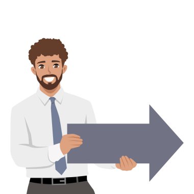 İşadamı elinde sağ tarafı gösteren bir ok tutuyor, yönü ya da rehberi gösteriyor. Düz Vektör karakter çizimi