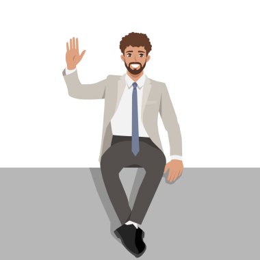 Takım elbiseli ve mavi kravatlı bir iş adamı el sallarken öylesine oturuyor. Düz Vektör karakter çizimi