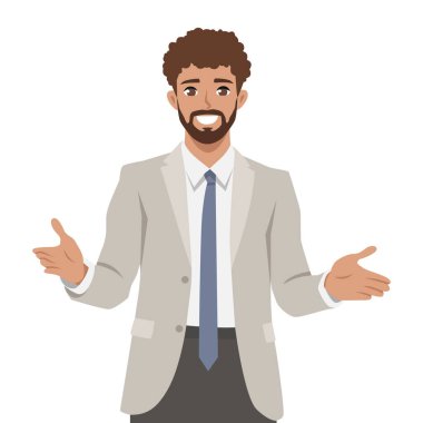 Takım elbiseli adam açık el hareketleriyle bir şeyler anlatıyor ya da sunuyor. Düz Vektör karakter çizimi