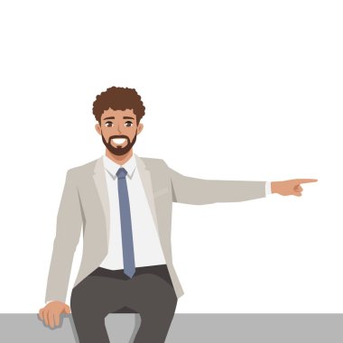 Profesyonel kıyafetli bir adam oturur ve doğru yönü ya da rehberliği gösterir. Düz Vektör karakter çizimi
