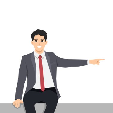 Gülümseyen İşadamı otururken yüzünü yana çeviriyor. Düz Vektör karakter çizimi