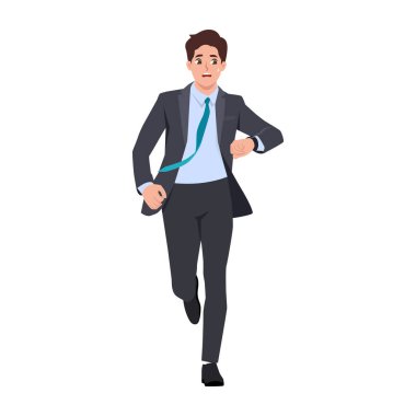 Takım elbiseli endişeli işadamı saatini kontrol ederken koşuyor, geç kalma korkusu. Düz Vektör karakter çizimi