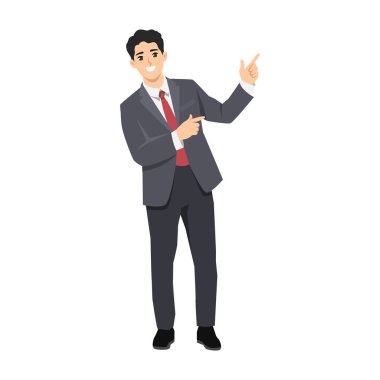 Takım elbiseli ve kırmızı kravatlı bir işadamı, bir şey sunuyor ya da sunuyor. Düz Vektör karakter çizimi
