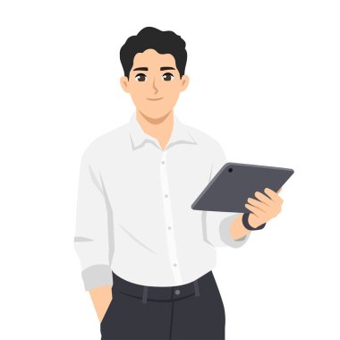 Beyaz gömlekli ve siyah pantolonlu genç bir adam modern bir karakteri canlandıran bir tablet tutuyor. Düz Vektör karakter çizimi