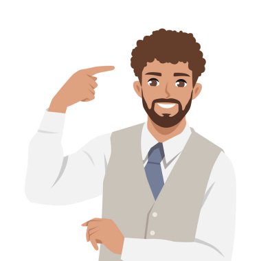 Kendine güvenen genç iş adamı bir fikri paylaşıyor. Düz Vektör karakter çizimi