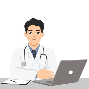 Boynunda steteskop olan beyaz önlüklü bir doktor bir masada oturuyor ve bir dizüstü bilgisayar üzerinde çalışıyor. Düz Vektör karakter çizimi