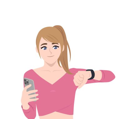 Sportif Kadın, telefonu tutarken Smartwatch 'ı kontrol ediyor. Düz Vektör karakter çizimi