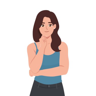 Eli Çenesinde Düşünceli Kadın. Düz Vektör karakter çizimi